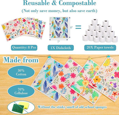 Lucomb Swedish Dishcloths 8 Pack Reusable Eco Friendly Biodegradable Cleaning Rags for Kitchen Dishes Home Office