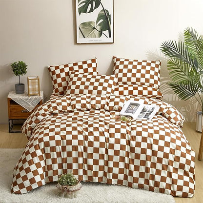 CLOTHKNOW Plaid California King Comforter Set Brown Beige Bedding Comforter Sets Soft All Season Checker Caramel Comforter with 2 x Pillow Cases