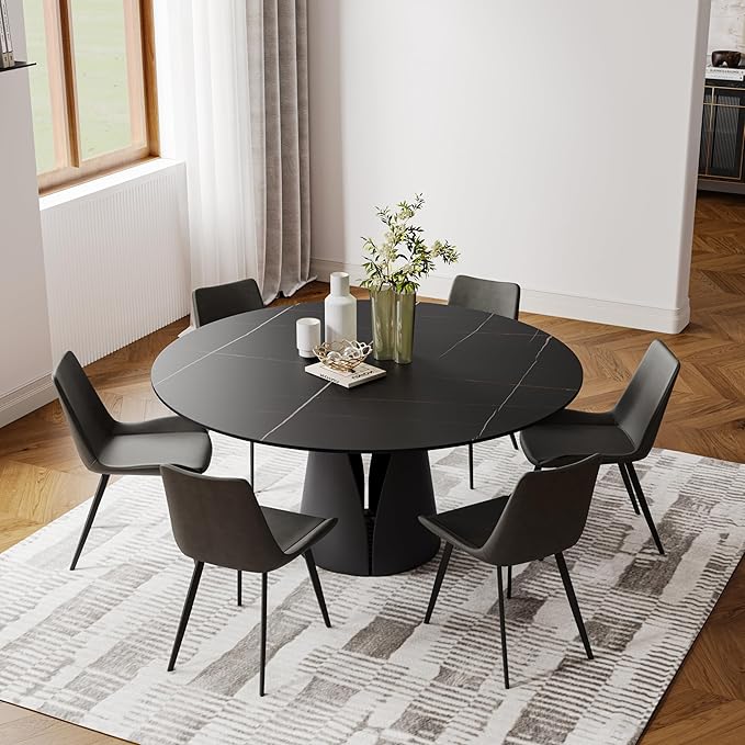 POVISON 47" Round Dining Table for 4, Modern Dining Table Round, Matte Black Sintered Stone Tabletop with Black Carbon Steel Pedestal (Dining Room Table Only)