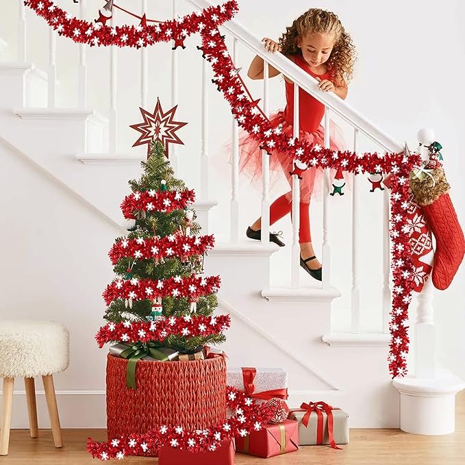 50 Feet Red Christmas Tinsel Garland with Snowflake Ornaments Metallic Twist Shiny Xmas Decorations Tree Garlands for Home Mantle Office Stair Indoor Outdoor Holiday Decor Party Supplies
