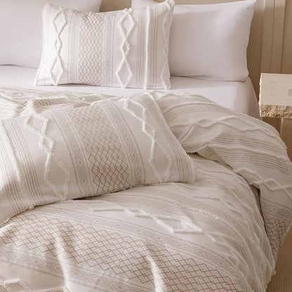 CLOTHKNOW Boho White King Size Comforter Set 3Pcs Farmhouse Bedding Comforter Sets Clipped Jacquard Stripes Comforter White Khaki Comforter Soft