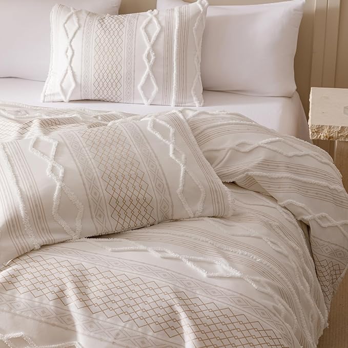 CLOTHKNOW Boho White Comforter Set California King 3Pcs Farmhouse Bedding Comforter Sets Clipped Jacquard Stripes Comforter White Khaki Comforter