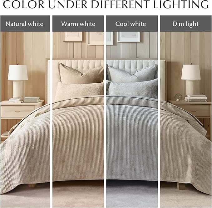 EVERGRACE Velvet Quilt Set King Size, Luxurious Soft Quilted Bedding Sets, Lightweight Velvet Comforter for All Season, Striped Channel Bedspread Coverlet with 2 Shams, Urban Taupe