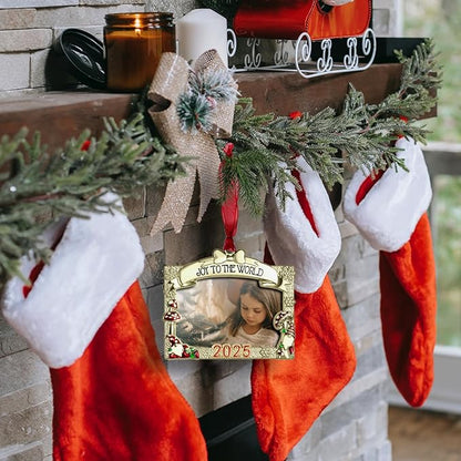 2025 Christmas Ornaments 3x2 inch Picture Frame Metal Hanging Pendant for Tree Small Decorative Keepsake, Display Photo for Baby and Pet (Gnome Gold (2025))