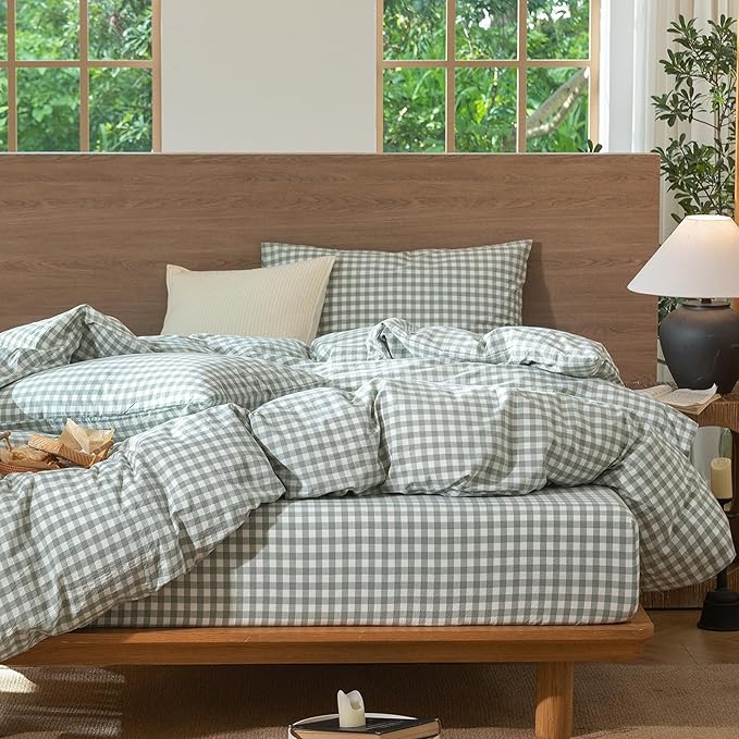 MooMee Gingham Duvet Cover Set 100% Washed Cotton Linen Like Textured Breathable Durable Soft Comfy Modern Checkered Design (Sage Green Gingham, King 104"x90")