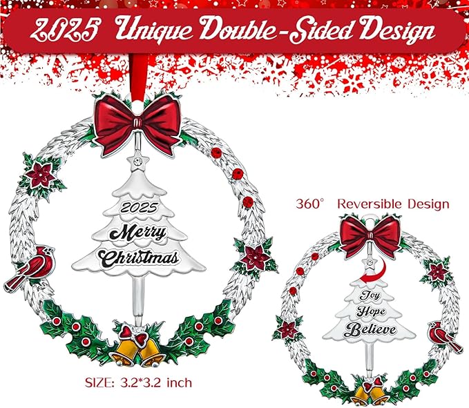 2025 Christmas Ornament,Metal Christmas Wreath Hanging Ornaments for Tree,with Rotatable Tree Dated 2025 Shiny Silver Ornaments Holiday Decorative Xmas Gifts for Family Friends