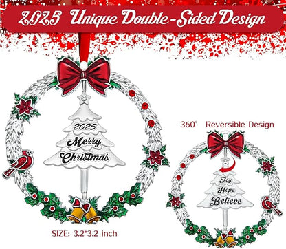 2025 Christmas Ornament,Metal Christmas Wreath Hanging Ornaments for Tree,with Rotatable Tree Dated 2025 Shiny Silver Ornaments Holiday Decorative Xmas Gifts for Family Friends