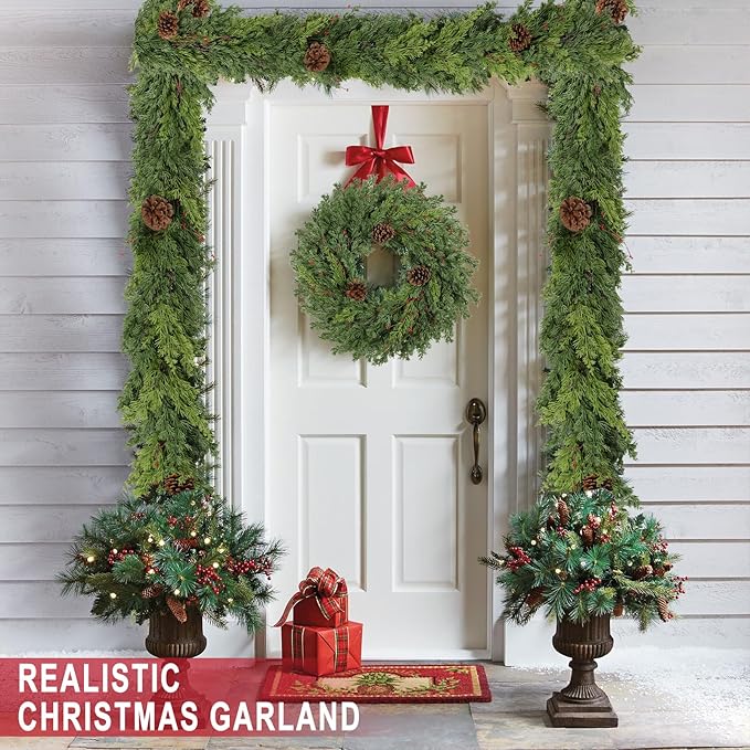 6 Ft Real Touch Christmas Garlands with Pine Cone,Thick and Lush，Bendable guirnaldas navideñas, Lifelike Pine Cedar Garland, Christmas Garland for Mantle,Indoor Outdoor Christmas Decorations