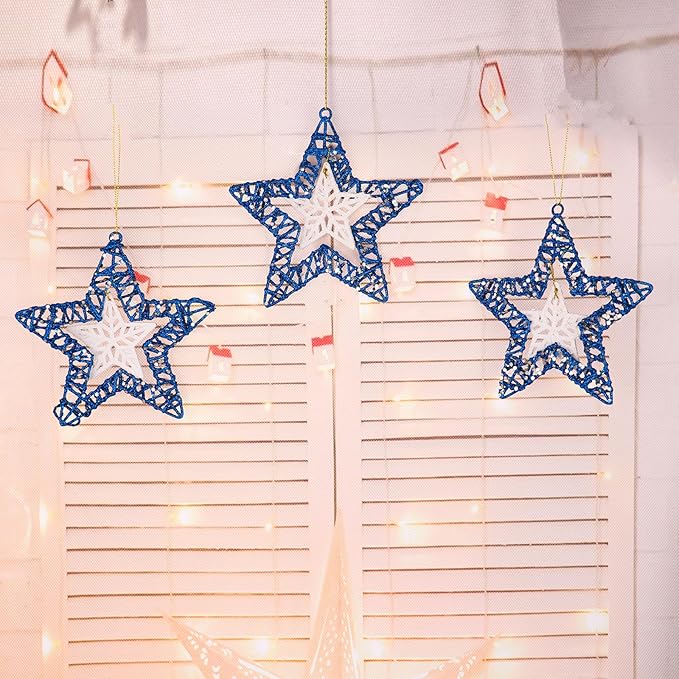 Set of 3 Star Christmas Hanging Ornaments, Glitter Star for Holiday Decorations, Winter Christmas Window Hanging - 6" Diameter (Blue)