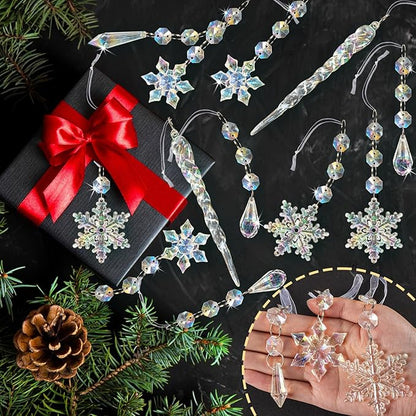 80pcs Christmas Crystal Snowflake Ornaments for Tree - Iridescent Christmas Acrylic Snowflakes Drop Icicle Pendants Hanging Ornaments for Xmas Tree Winter Holiday Frozen Wedding Party Decorations