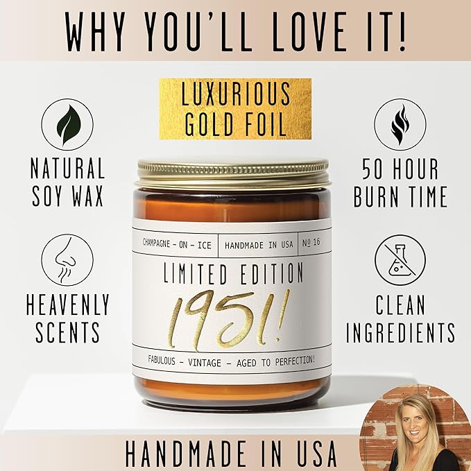 74th Birthday Gifts for Women - 'Limited Edition 1951' Soy Candle, w/Champagne on Ice I 74 Birthday Gifts for Women I 74th Birthday Gift for Her Ideas I 9oz Reusable Jar, 50Hr Burn, Made in USA