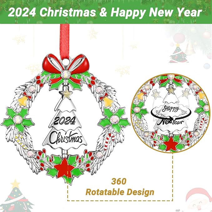 Christmas Ornament 2024 Decoration for Christmas Tree Hanging Metal Christmas Wreath with Rotatable Tree Dated 2024 Shiny Silver Ornaments Holiday Decorative Xmas Gifts for Family Friends