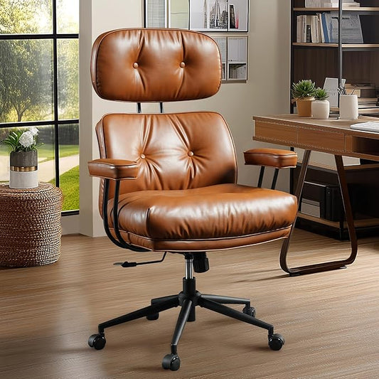 Mid Century Modren Big and Tall Office Chair,Large Ergonomic Executive Chair for Heavy Duty People, Desk Task Chair with Wheels, Faux Lether Fabric Wide Chair for Home Sturdy,Brown(PU)