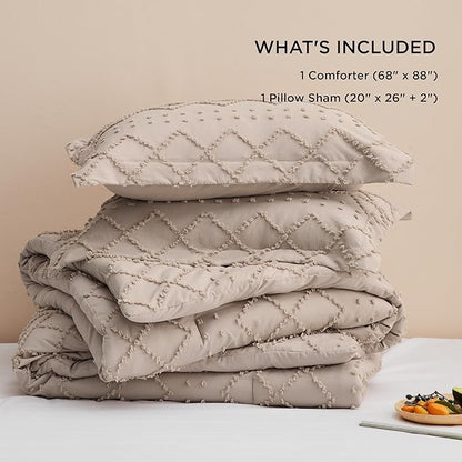 Bedsure Twin Comforter Set - Warm Tan Comforter, Boho Tufted Shabby Chic Bedding for Kids, 2 Pieces Vintage Farmhouse Bed Set for All Seasons, Fluffy Soft Bedding with 1 Pillow Sham