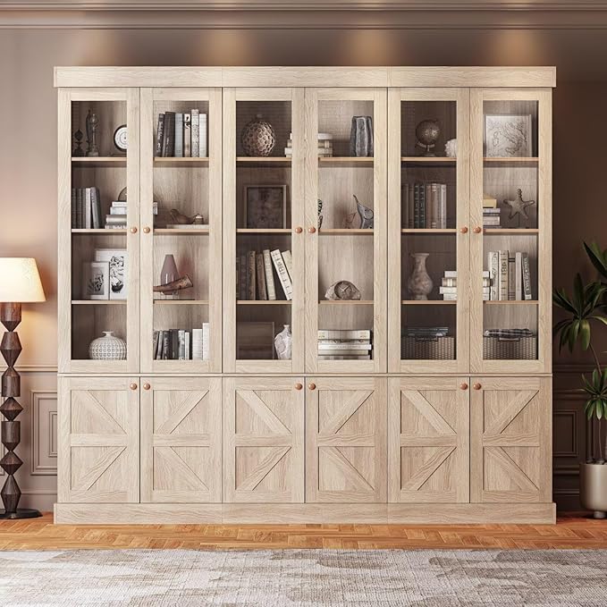 Vyre 71" Tall Farmhouse Bookshelves with Glass Doors, Set of 4 – Large Modular Bookcase with Adjustable Shelves, Storage Cabinet for Living Room, Kitchen, Home Office, Brown