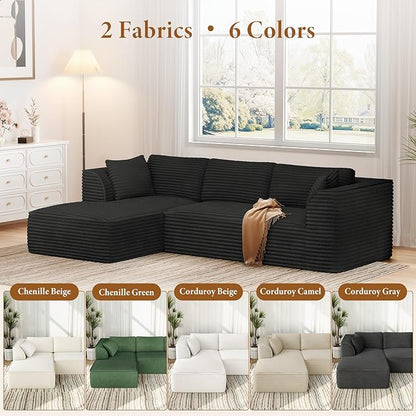 Vesgantti 106" Boneless Couch with Chaise, Deep Seat Comfy Cloud Modular Sofa Corduroy Sectional Couches for Living Room Bedroom, No Assembly Required (Black, Left-Facing Chaise)