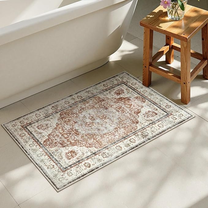 Uphome Boho Bathroom Rugs, Distressed Farmhouse Orange Bath Mat, Comfy Velvet Small Bath Rugs Non Slip Washable, Vintage Oriental Toilet Rug for Sink Shower Vanity, 20x32 inch