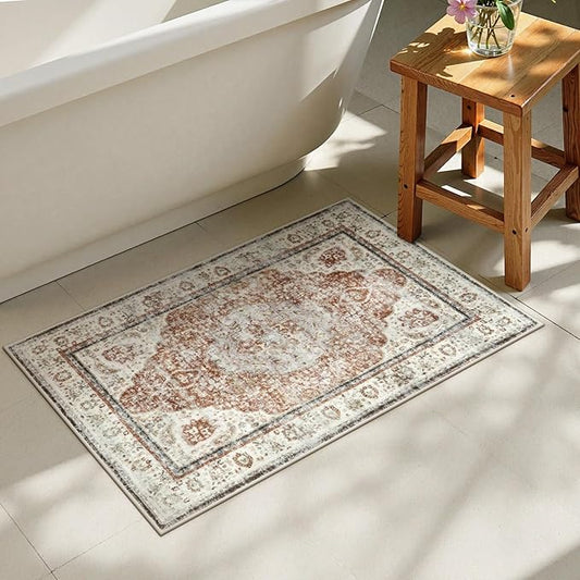 Uphome Boho Bathroom Rugs, Distressed Farmhouse Orange Bath Mat, Comfy Velvet Small Bath Rugs Non Slip Washable, Vintage Oriental Toilet Rug for Sink Shower Vanity, 20x32 inch