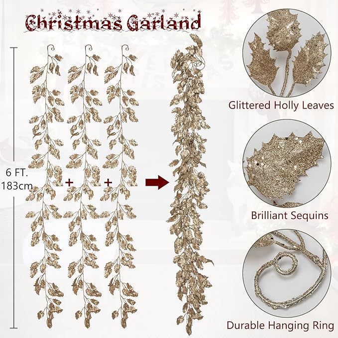 3 Pcs 6FT Christmas Garland Champagne Gold Glittered Artificial Holly Leaves for Mantle Christmas Tree Decorations Indoor Outdoor Hanging Garland Ornaments Garden Door Wall Window Stair Home Decor