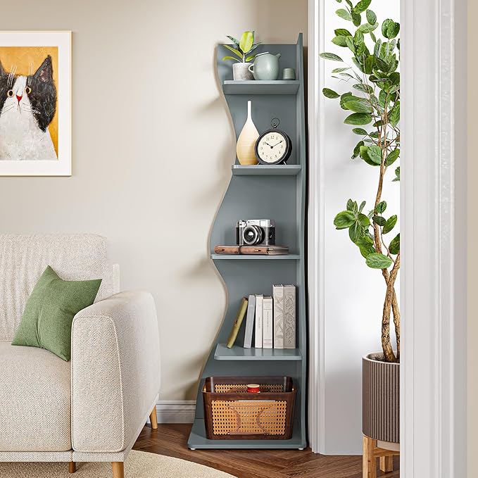 LITTLE TREE Small Corner Shelf, Modern 5-Tier Wall Corner Bookshelf, Stylish Bookcase Storage Rack for Small Space, Living Room, Bedroom, Blue, 1 Pack