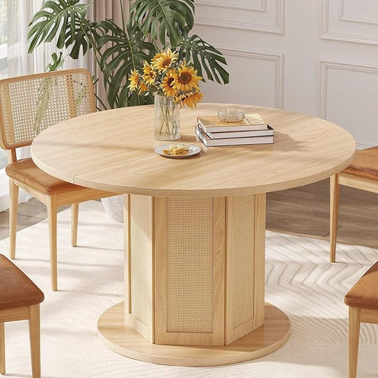 DWVO Round Dining Table for 4-6 People, 47 Inch Farmhouse Kitchen Table with Rattan Circular Base, Natural Oak