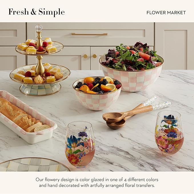 MACKENZIE-CHILDS Stemless Wine Glasses, Decorative Wine Glasses, 16 Ounces, Set of 4, Flower Market