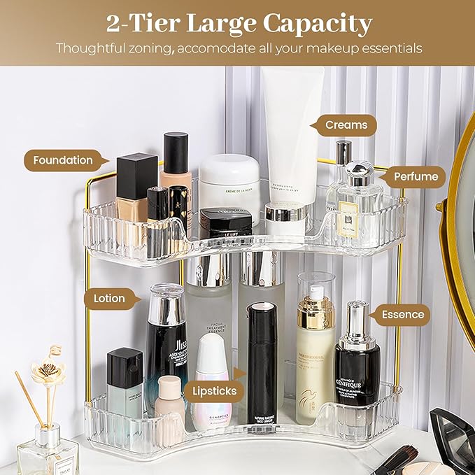 Aveniee Corner Bathroom Counter Organizer, Bathroom Countertop Shelf Makeup Organizer for Vanity Perfume Corner Storage (2 Tiers, White)