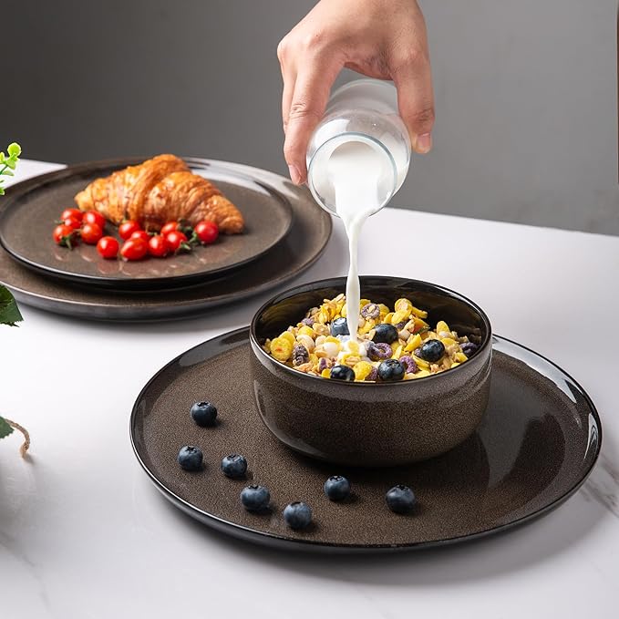 LeRatio Ceramic Dinnerware Sets for 6,Poreclain Plates and Bowls Sets,Handmade Reactive Glaze Dishes Set,Chip Resistant and Scratch Resistant | Oven&Dishwasher & Microwave Safe-Espresso Brown(18PCS)