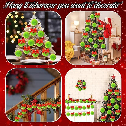 Jenaai 12 Pcs Lime Green Ball Christmas Ornaments for Xmas Tree 2 Size Christmas Hanging Decorations Soft Furry Pom Pom Balls with Red Bow for Xmas Tree Hanging Decor Party Supplies