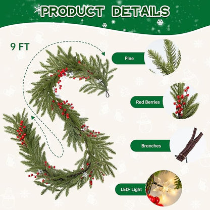 Bluesea 9FT Artificial Norfolk Pine Garland - Faux Christmas Garland, Fake Greenery Garland for Table, Mantle, Wall, Indoor, Outdoor Christmas Decorations (1 Pcs)