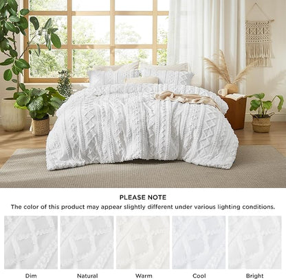 Bedsure Tufted Boho Comforter Set Queen Size - Bright White Boho Bed Set, GentleSoft™ 3 Pieces Farmhouse Shabby Chic Embroidery Bedding, Gifts for Woman, Soft Jacquard Queen Comforter for All Seasons