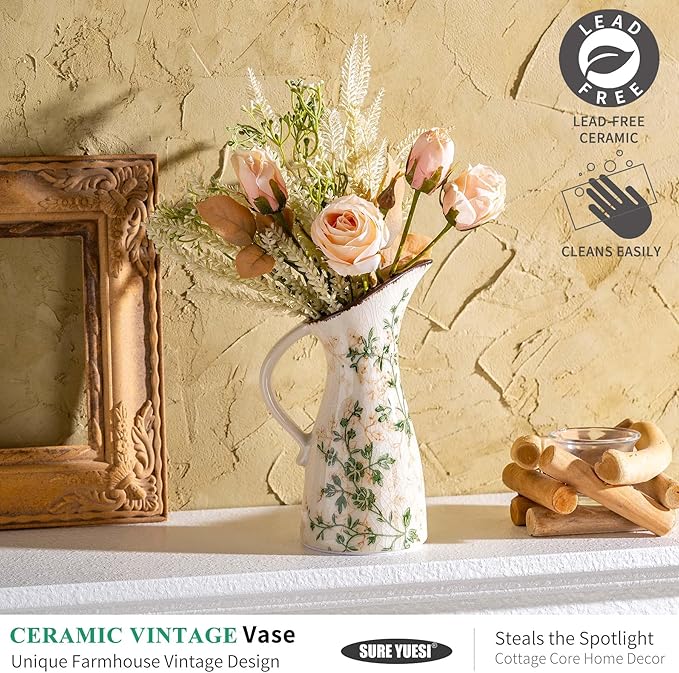 Green and Beige Pitcher Vase, Handcrafted Pastoral Ceramic Floral Vase, Vintage Farmhouse Flower Vase for Home Decor, Chinoiserie Tuscan Cottage Core Decor, Rustic Table Centerpiece 7.3 in
