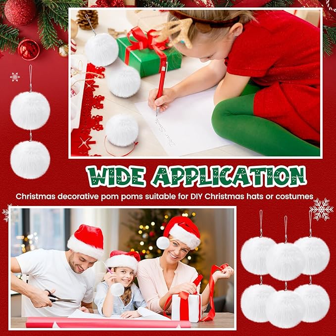 Nuenen 72 Pcs 3.15 Inch White Furry Christmas Ball Ornaments Christmas Pom Poms Ornaments Faux Rabbit Fur Balls Bulk with Elastic Band for Xmas Tree Decorations DIY Craft Hat Keychain (White)