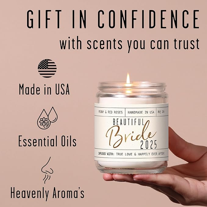Bridal Shower Gifts, Bride Gifts for Bride to Be - 'Beautiful Bride 2025' Soy Wedding Candle, w/Peony Wedding Bouquet - infused w/Essential Oils I Bachelorette Gifts for Bride I 50Hr Burn, USA Made