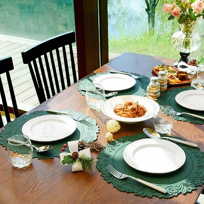 Noctiflorous Round Faux Leather 15 Inch Placemats Set of 4 Waterproof Wipeable Heat Resistant Tablemat for Dining Table Kitchen Non Slip Oilproof Table Place Mat for Indoor Outdoor(Green, 4)