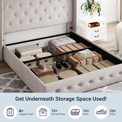Allewie Queen Size Lift Up Storage Bed, Button Tufted Headboard with Wingback, Hydraulic Support, No Box Spring Needed, Light Beige