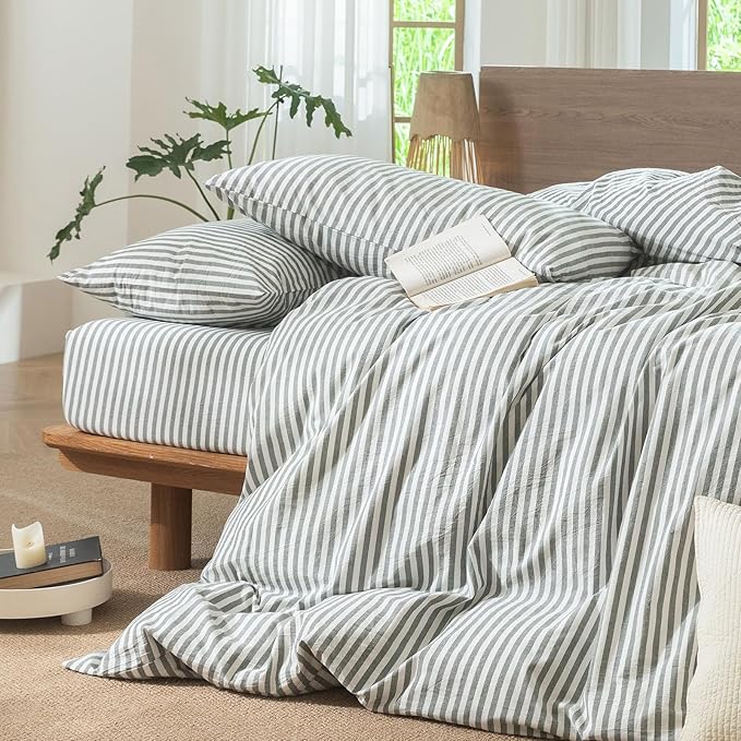 MooMee Striped Duvet Cover Set 100% Washed Cotton Linen Like Textured Breathable Durable Soft Comfy (Heathered Green Classic Stripes, Oversized Queen 98"x98")