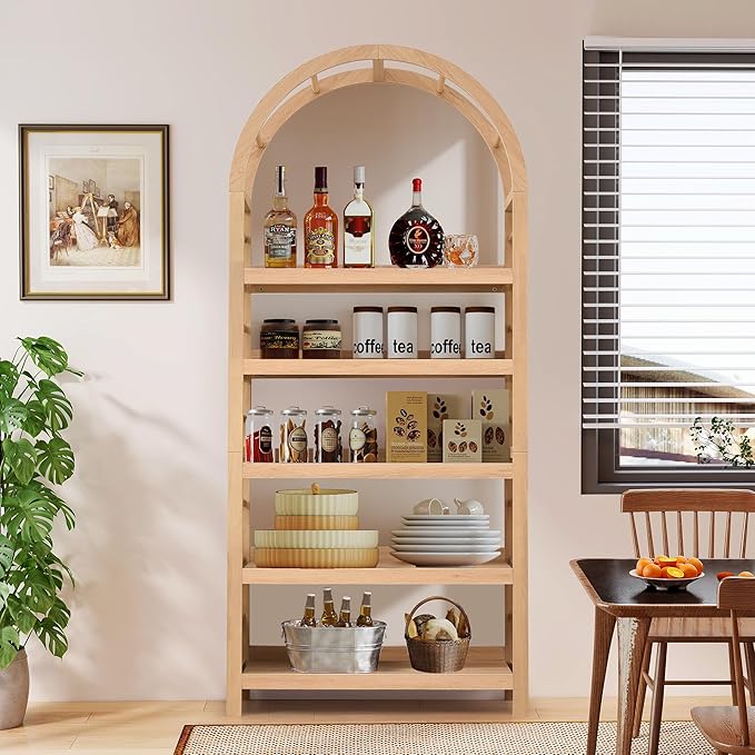 5-Tier Solid Wood Open Bookcase, Modern Arched Bookshelf, Home Office Shelf Storage Organizer, Storage Display Rack Shelf for Living Room (Natural)
