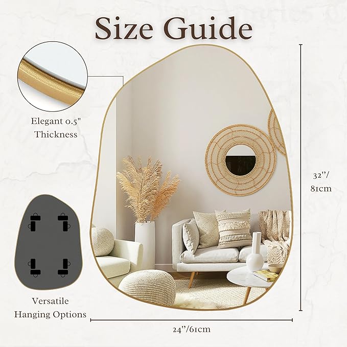 PERFNIQUE Irregular Asymmetrical Wall Mirror Decorative Modern Wall Mounted 32"x24", Gold