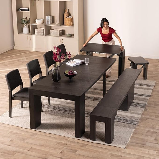 Transformer Table Dining Set with Bench and 4 Chairs (Black)