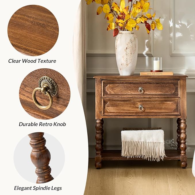 HULALA HOME Farmhouse Storage End Table with 2 Drawers and Open Shelf, Solid Wood Side Table with Spindle Legs, Nightstand with Charging Station (Walnut)