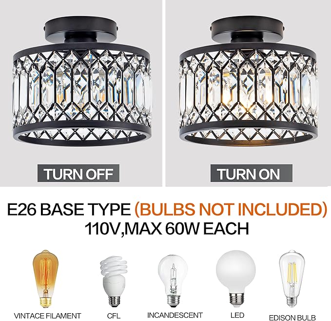 Crystal Ceiling Light Fixture, Modern Semi Flush Mount Ceiling Light,Crystal for Kitchen Bedroom Bathroom Entryway Black (Bulb not Included)
