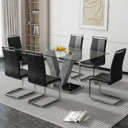 71" Glass Dining Table Set for 6, Kitchen Table and 6 PU Leather Chairs, Dining Table Set Ideal for Living Room