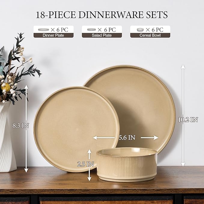 E-far Stoneware Dinnerware Sets, 18-Pieces Modern Plates and Bowls Sets, Kitchen Dinning Porcelain Dishes Set for 6, Chip & Scratch Resistant, Dishwasher & Microwave Safe, Caramel Khaki
