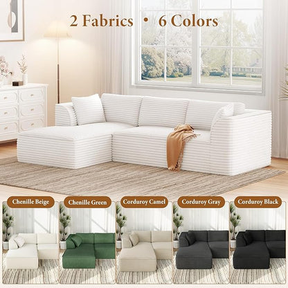 Vesgantti 106" Boneless Couch with Chaise, Deep Seat Comfy Cloud Modular Sofa CorduroySectional for Living Room Bedroom, No Assembly Required (Beige, Left-Facing Chaise)