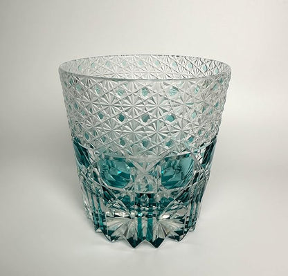 Hand Cut Whiskey Glass Japanese Style Edo Kiriko Inspired Sea Aquamarine Fluorite Tumbler 10oz Lead Free Blown Glass, Blue Design