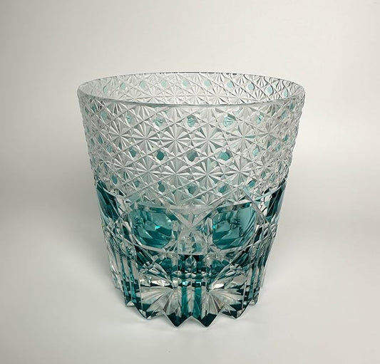 Hand Cut Whiskey Glass Japanese Style Edo Kiriko Inspired Sea Aquamarine Fluorite Tumbler 10oz Lead Free Blown Glass, Blue Design