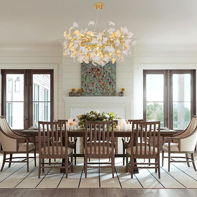 Modern Gold and White Tree Branches Chandeliers for Living Room, 48''Modern Rounde Ceramic Ginkgo Leaf Chandelier, Dining Room Chandelier Over Table, for Foyer, Bathroom, Bedroom