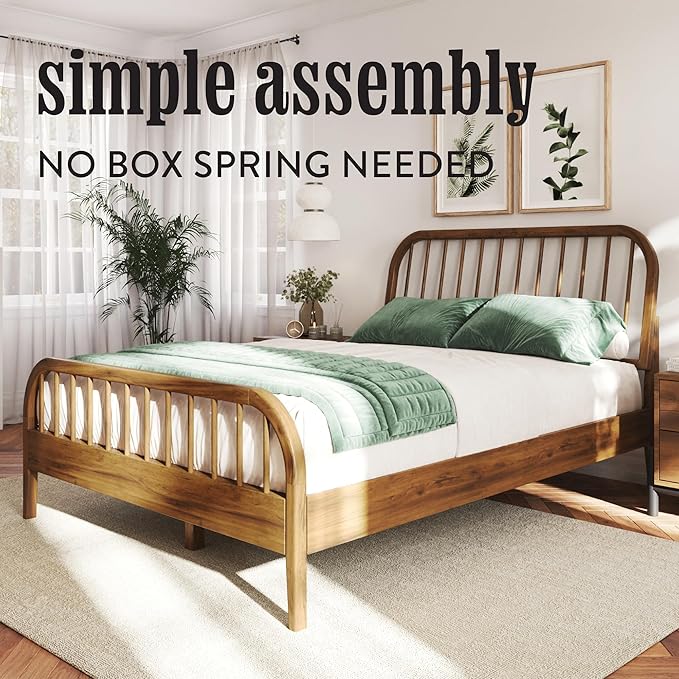 DG Casa Wesley Solid Wood King Size Bed Frame - Mid Century Modern Style, Platform with Spindle Headboard and Footboard, No Box Spring Required, Walnut Finish