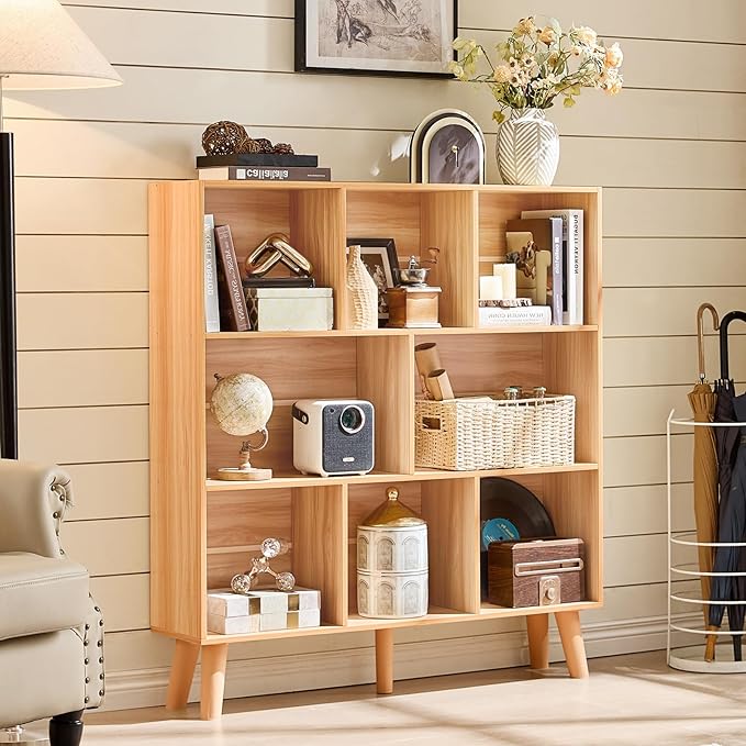 LEYAOYAO Wooden 8 Cube Book Shelf, Natural 3 Tier Bookshelf with Legs, Modern Open Storage Organizer,Boho Bookcase,Display Cabinet Shelf Free Standing Bookshelves for Bedroom,Living Room,Office